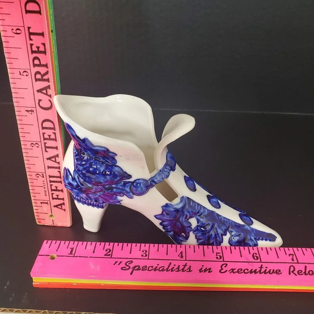 Vintage Victorian Shoe Delft Style Ceramic Planter Boot Décor Blue Bird On White